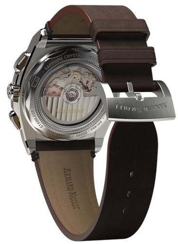 mechanical automatic silvered watch with brown vintage calf strap