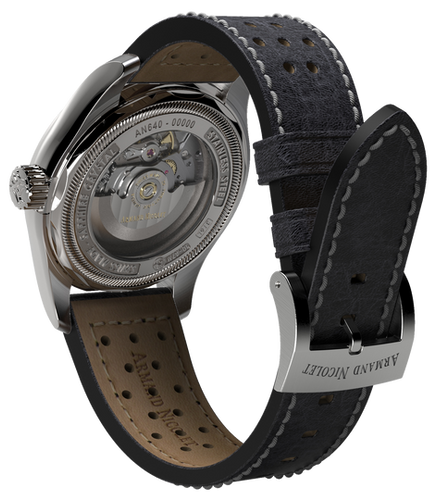 mechanical automatic black & orange watch with black leather strap