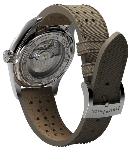 mechanical automatic beige and orange watch with beige canvas strap