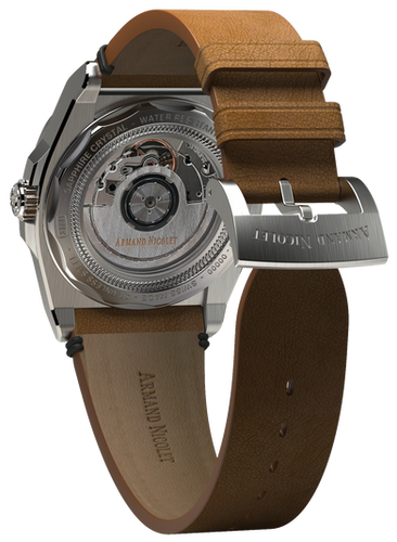 mechanical automatic blue watch with camel tone vintage calf strap