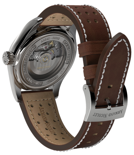 mechanical automatic beige & orange watch with brown leather strap