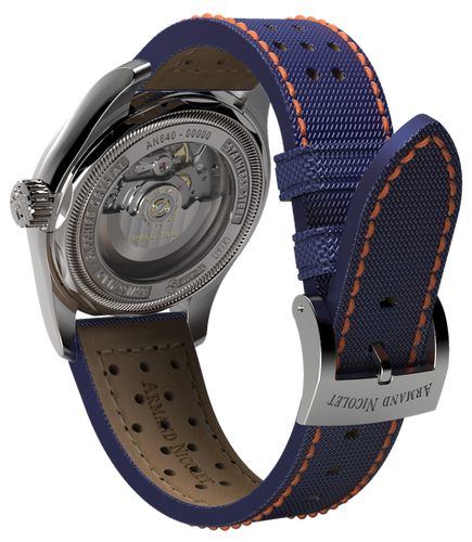 mechanical automatic blue and orange watch with blue canvas strap