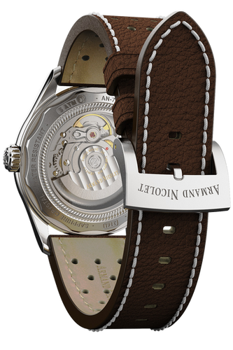 mechanical automatic beige & orange watch with brown leather strap