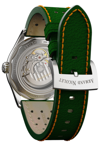 mechanical automatic green & orange watch with green leather strap