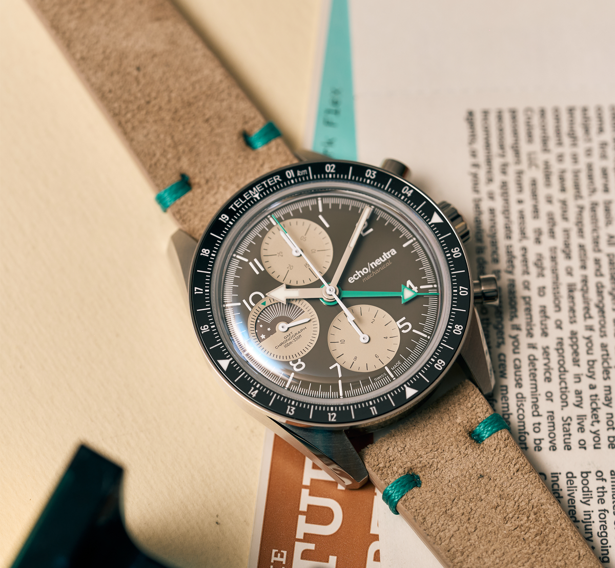 1956 Chrono GMT Cappuccino - Cinturino in suede beige vintage / Cinturino Tropical in gomma nera