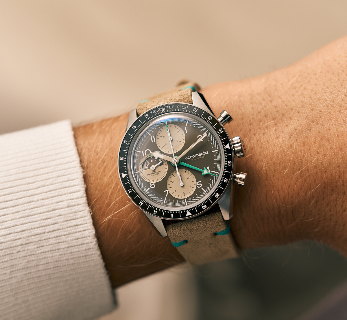 1956 Chrono GMT Cappuccino - Cinturino in suede beige vintage / Cinturino Tropical in gomma nera