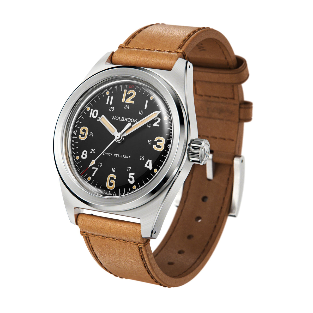 Outrider Automatic Watch – Black Vintage, No Date - Camel Leather Strap