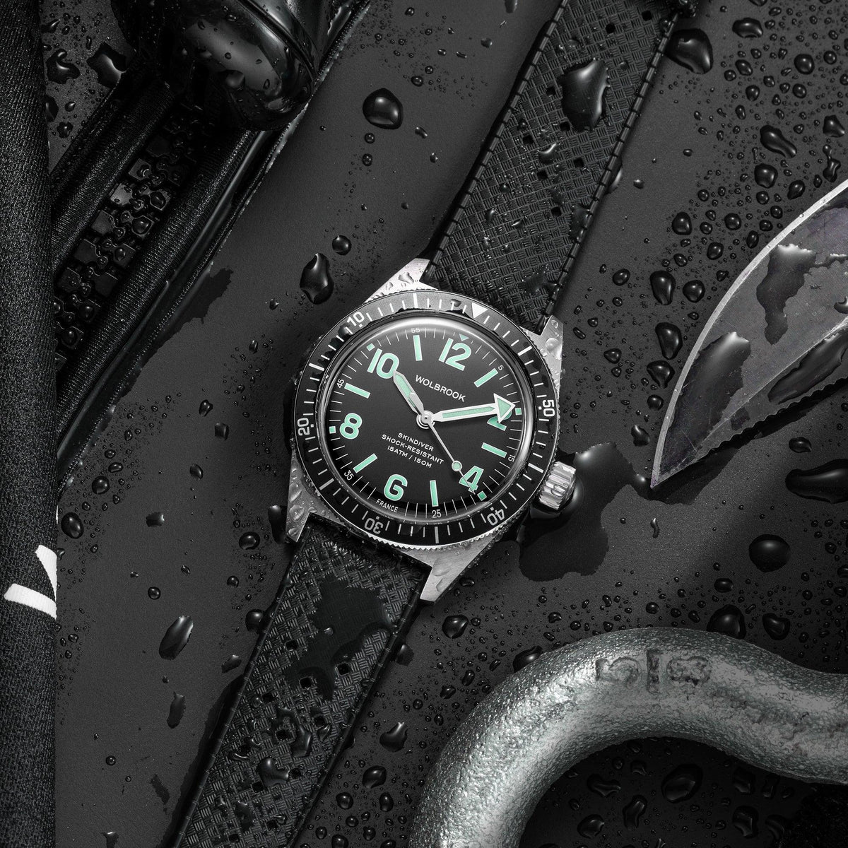 Skindiver Automatic Watch - Green Lum & Black Dial - Black "Tropic" Rubber Strap