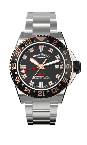 mechanical automatic GMT black watch with stainless steel bracelet