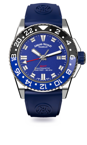 mechanical automatic GMT blue watch with blue rubber strap