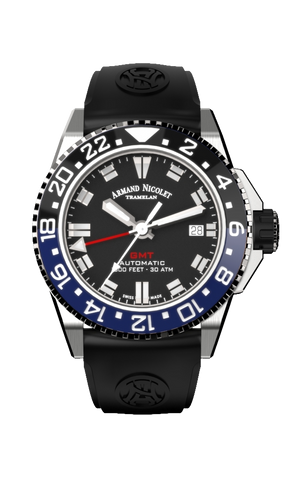 mechanical automatic GMT black watch with black rubber strap