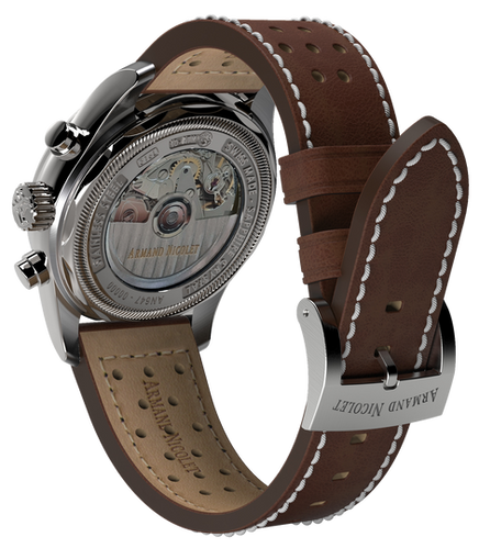 mechanical automatic beige & orange watch with brown leather