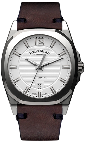 mechanical automatic silvered watch with brown vintage calf strap