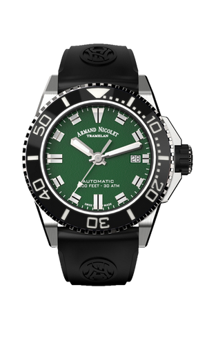 mechanical automatic green watch with black rubber strap