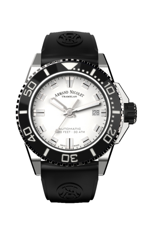mechanical automatic silvered watch with black rubber strap
