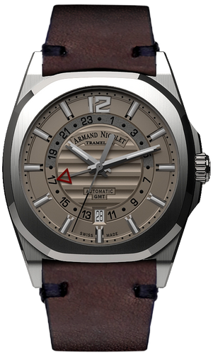 mechanical automatic grey watch with brown vintage calf strap