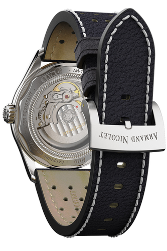 mechanical automatic black & orange watch with black leather strap