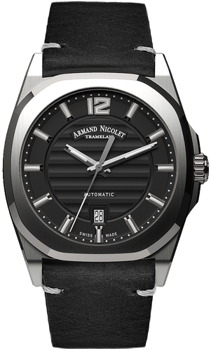 mechanical automatic black watch with black vintage calf strap