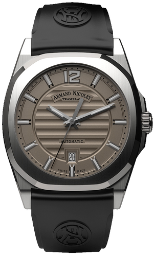 mechanical automatic grey watch with black rubber strap