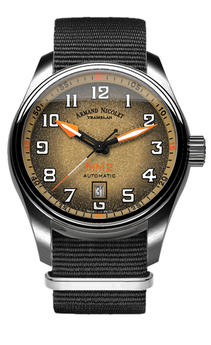 mechanical automatic beige & orange watch with black NATO strap