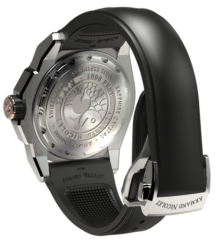 mechanical automatic GMT black and rose gold color watch with black rubber strap