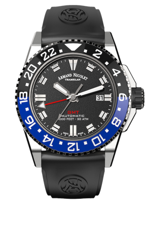 mechanical automatic black GMT watch with black rubber strap