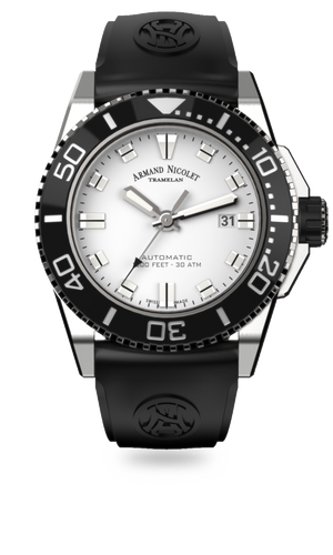 mechanical automatic white watch with black rubber strap