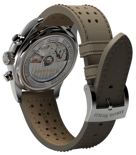 mechanical automatci green and orange watch with khaki canvas strap