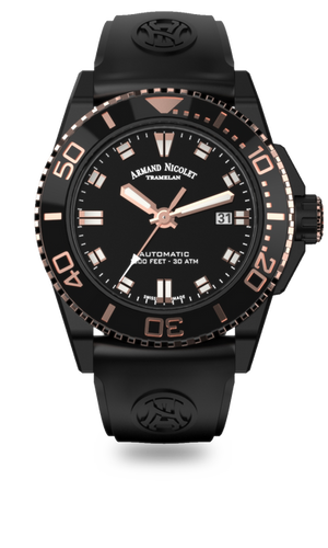 mechanical automatic black and rose gold color watch with black rubber strap