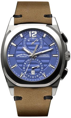 mechanical automatic blue watch with camel tone vintage calf strap