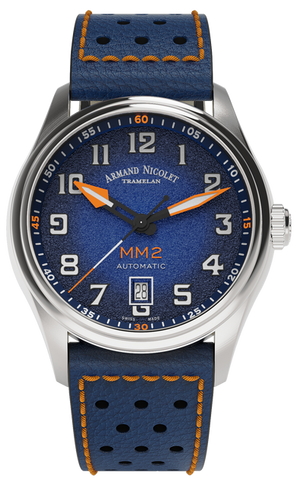 mechanical automatic blue & orange watch with blue leather strap