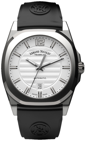 mechanical automatic silvered watch with black rubber strap