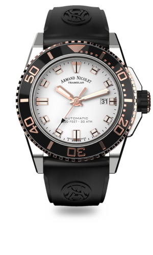 mechanical automatic white and rose gold color watch with black rubber strap