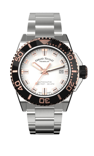 mechanical automatic silvered and rose gold color watch with stainless steel bracelet