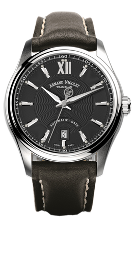 mechanical automatic watch with black leather strap