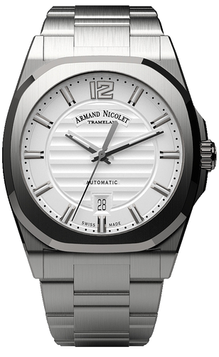 mechanical automatic silvered watch with stainless steel bracelet