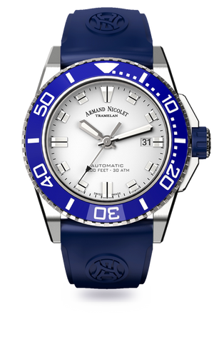 mechanical automatic silvered watch with blue rubber strap