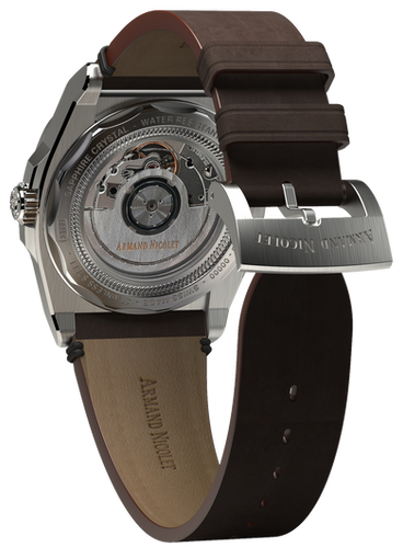 mechanical automatic grey watch with brown vintage calf strap