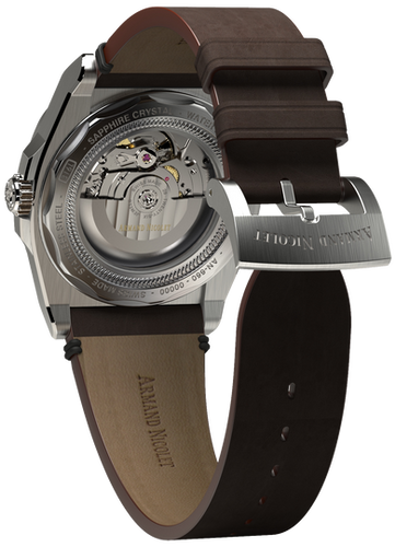 mechanical automatic grey watch with brown vintage calf strap