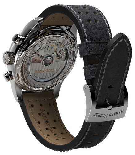 mechanical automatic black & orange watch with black leather strap
