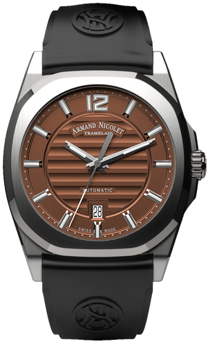 mechanical authomatic brown watch with black rubber strap