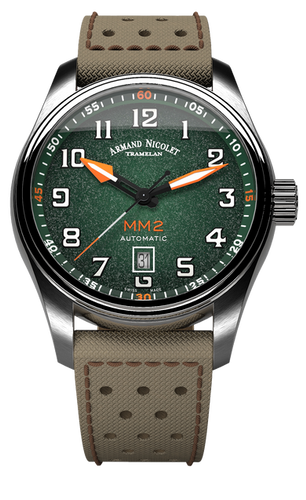 mechanical automatic green and orange watch with khaki canvas strap