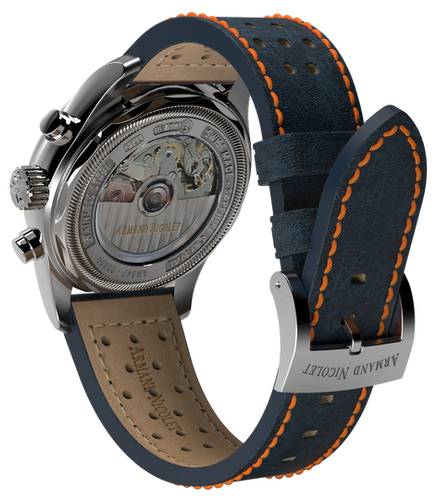 mechanical automatic blue & orange watch with blue leather strap