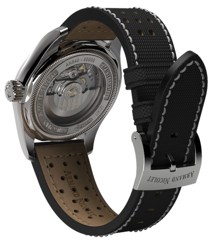 mechanical automatic black and orange watch with black canvas strap