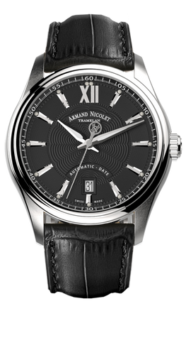 mechanical automatic watch with black alligator strap