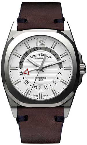 mechanical automatic silvered watch with brown vintage calf strap