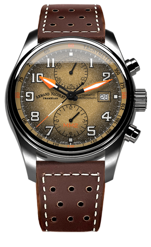 mechanical automatic beige & orange watch with brown leather