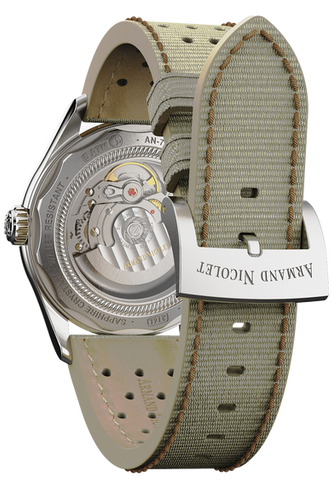 mechanical automatic green & orange watch with khaki canvas strap