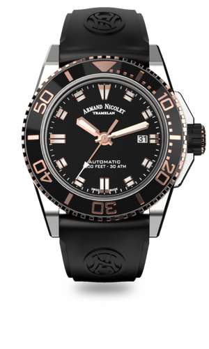 mechanical automatic black and rose gold color watch with black rubber strap
