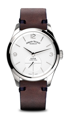 mechanical automatic silvered watch with brown calf strap